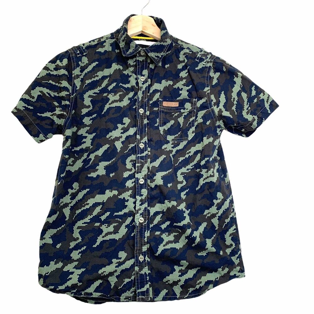 Sean John Youth Green Short Sleeve Button Up Shirt Size Large Camo Green